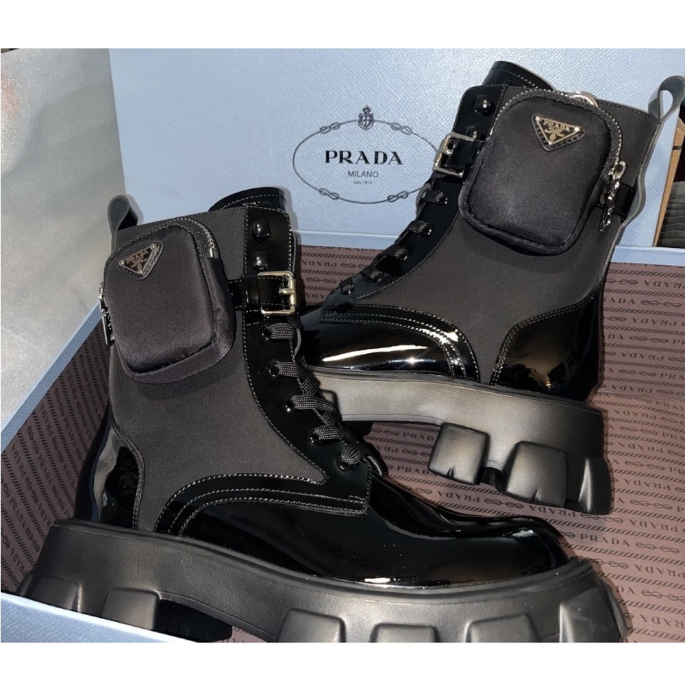 Prada Women's Glossy Black Monolith Combat Moto Boots Size EU 41